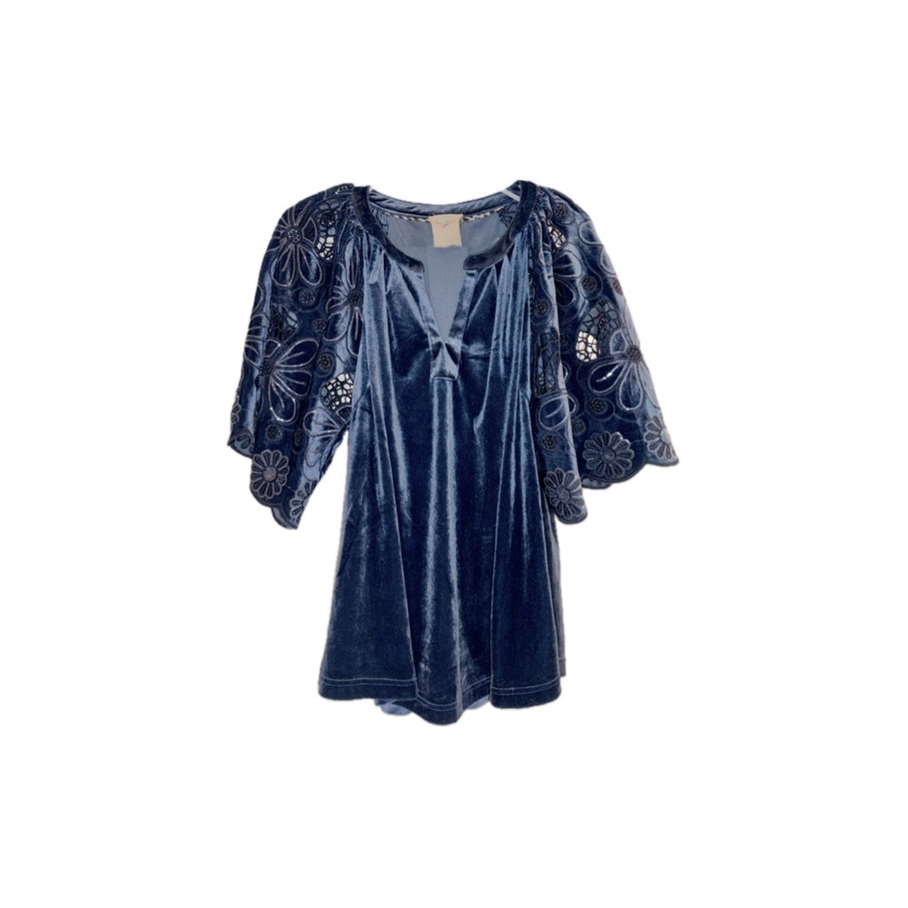 Umgee Slate Blue Velvet Split Neck Top w/ Embroidered Scalloped Sleeves – Large